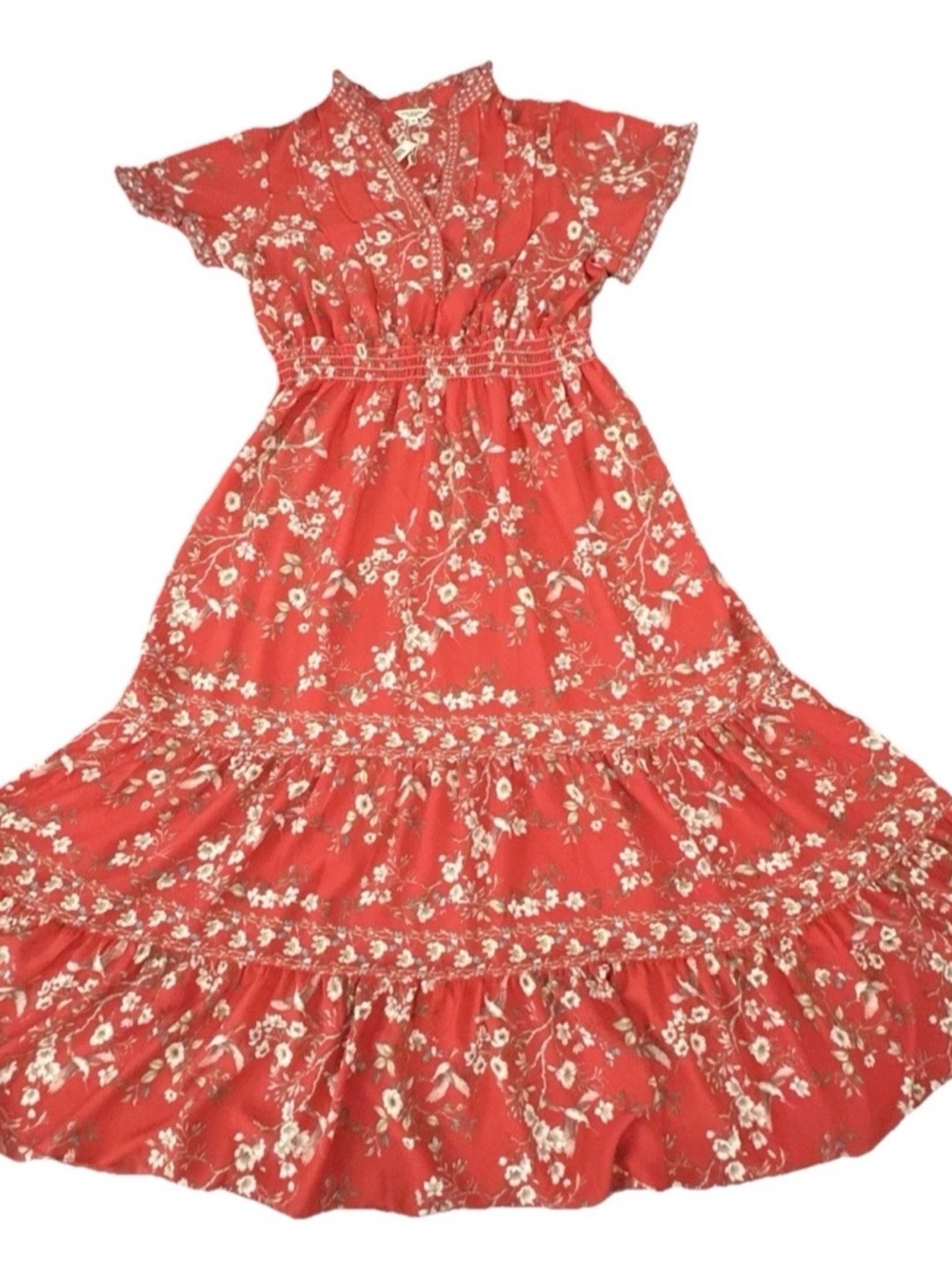 SOLDMAX STUDIO LONDON Red Coral Floral Maxi Dress Ruffle Mock Neck Smocked
